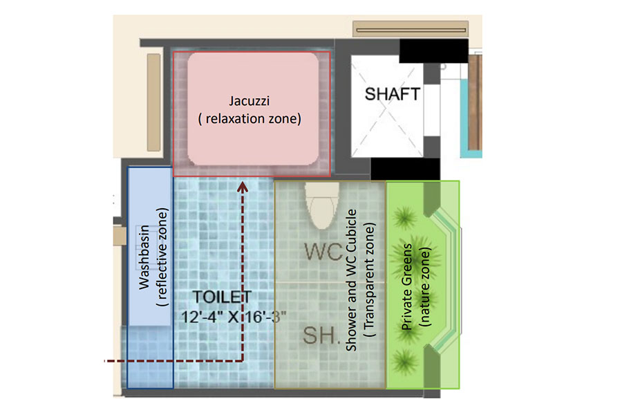 The washroom layout was modified to incorporate more space within. The different functions were compartmentalised to create a symmetric look in an asymmetrical space.  Photo Courtesy: 42mm Architecture