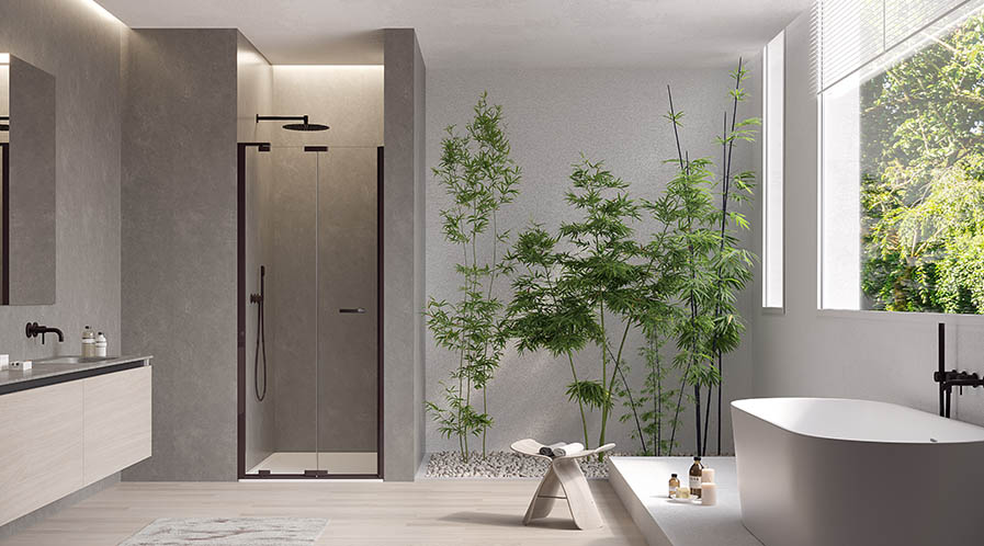 The inclusion of other functional features, such as the offset pivot point of revolving and bi-folding door solutions, optimises the shower space.  Photo Courtesy: Duka
