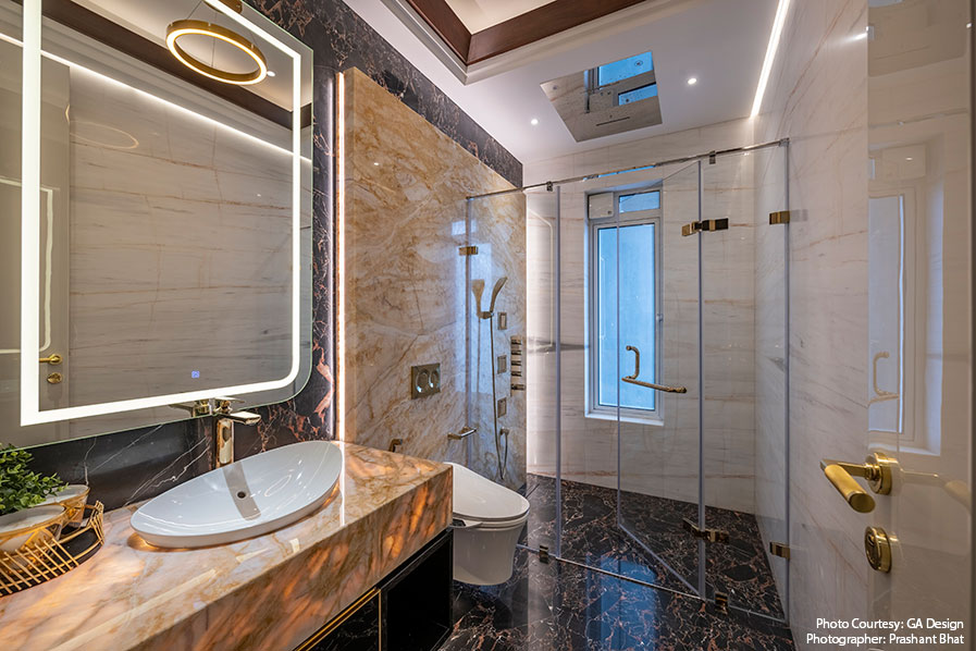 Compact Luxury bathroom designed by GA Design in Mumbai