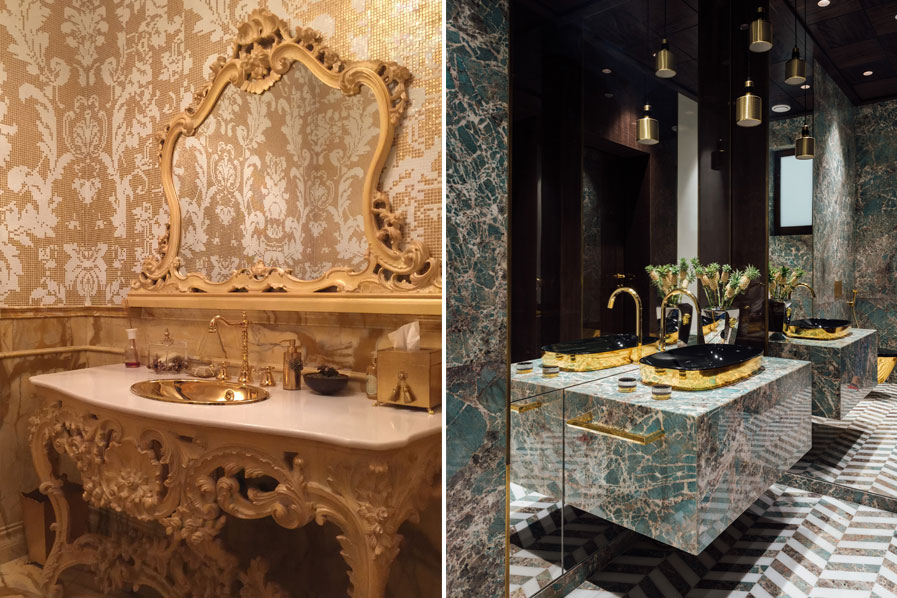 Dark themed compact luxury bathroom by Archana baid, And Design Co